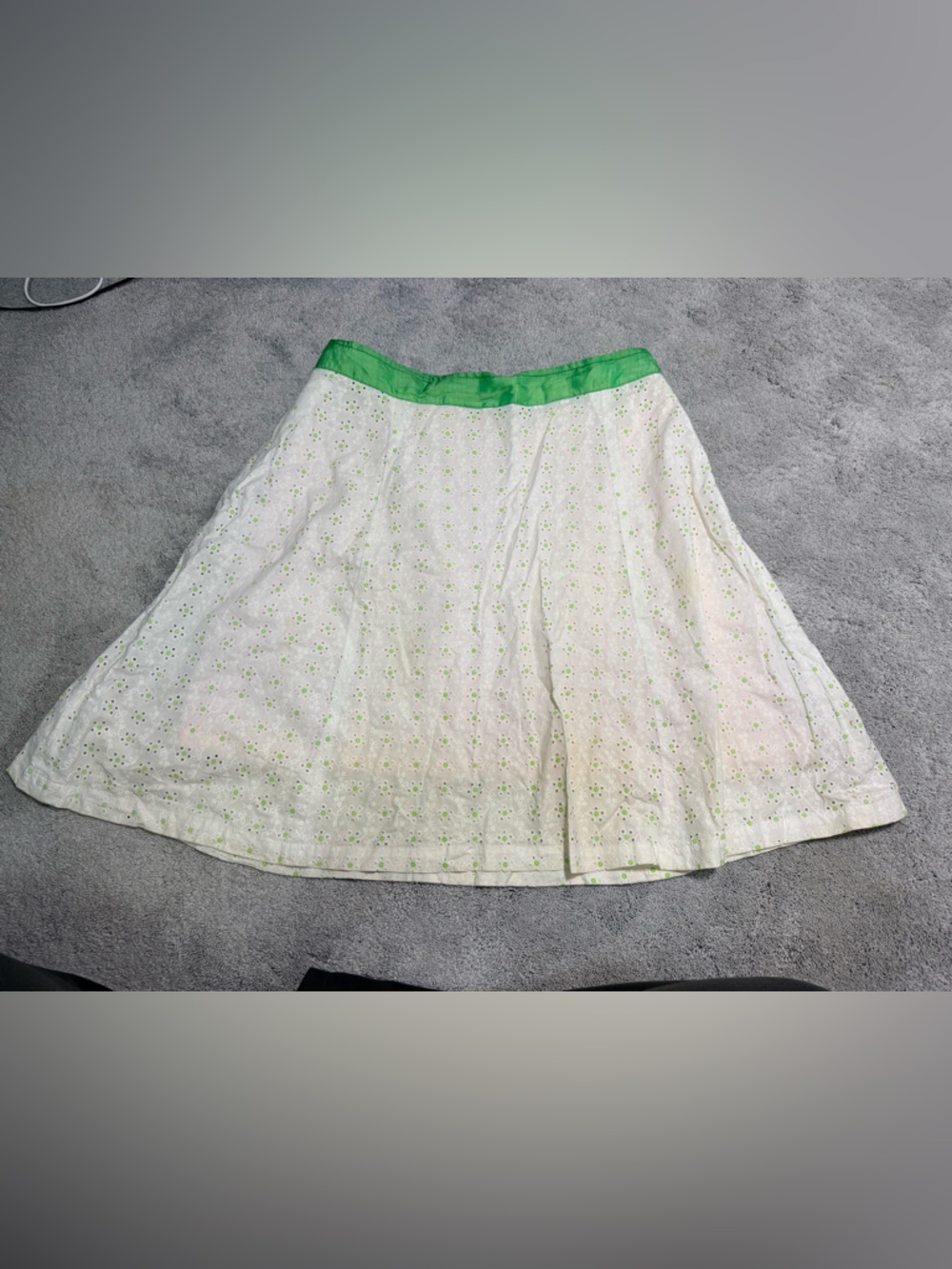 Y2K White Eyelet Skater Skirt with Green Waistband